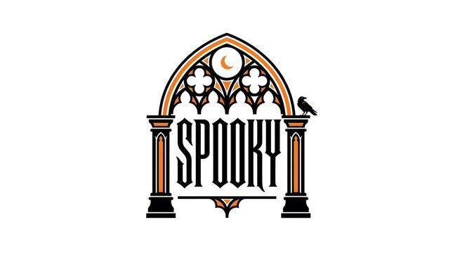 Spooky gothic arch logo design with raven and crescent moon illustration
