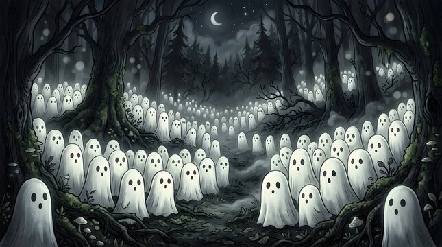 A spooky dark forest filled with many cute little white ghosts celebrating a magical halloween night scene