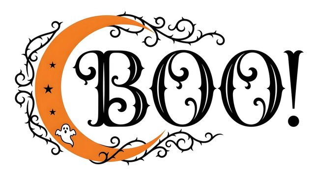 Halloween Boo text design with orange crescent moon and ghost on white background