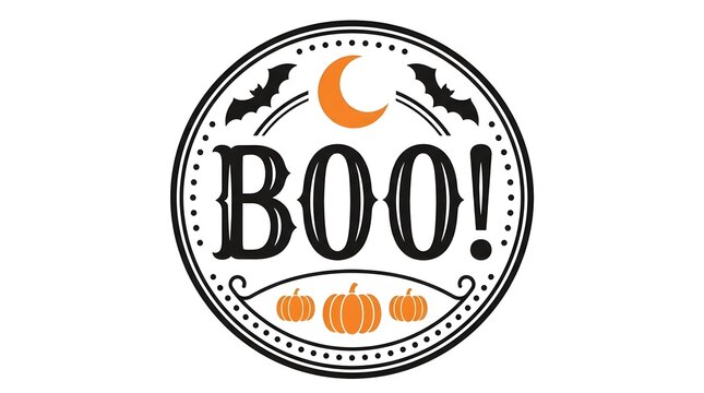 Halloween Boo badge with crescent moon, flying bats, and pumpkins in a circular frame.