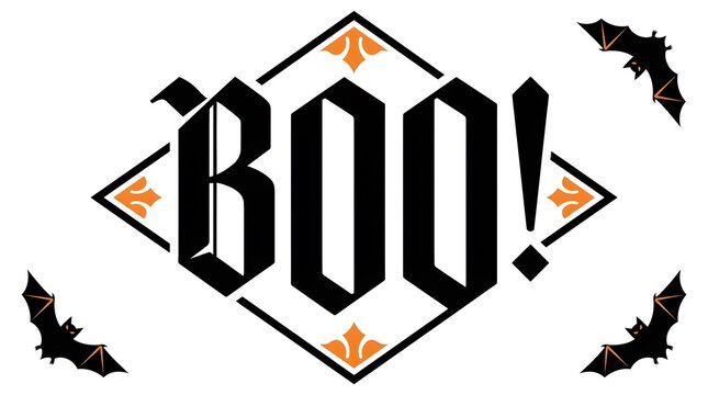 Halloween Boo text design with black bats and decorative diamond frame on white background