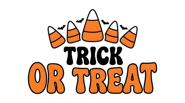 Trick or Treat Halloween text design with candy corn and bats on white background
