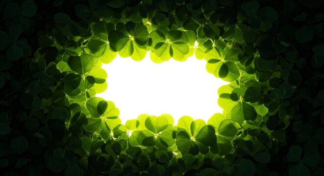 High contrast macro image of dense clover leaves forming a frame around a brilliant central light source