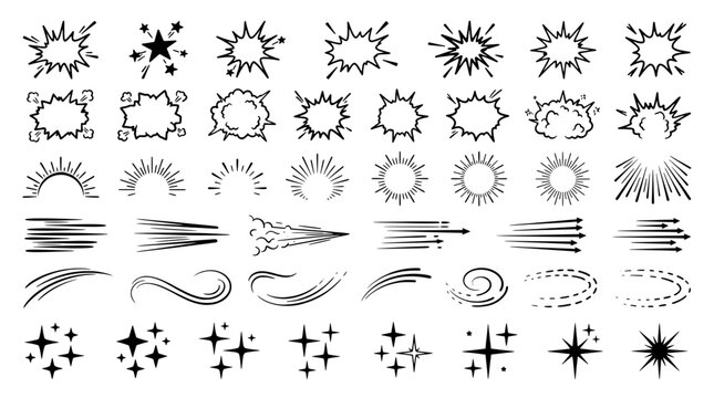 Set of hand-drawn comic book explosion, speed line and sparkle elements for action motion effects