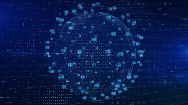 Holographic earth globe surrounded by floating 6G icons and binary code, representing the next generation of global wireless communication.