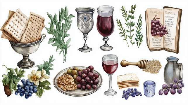 Rosh Hashanah clipart. Jewish new year attributes, illustrations of the elements used to celebrate new year: pomegranate, honey, shofar and kidush