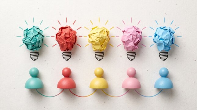 Creative Idea Generation: A visual metaphor showcasing diverse, crumpled paper ideas illuminating like light bulbs above a line of colorful, abstract figures.