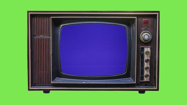 Vintage Retro Television Set with Colorful Color Bar Test Pattern on Screen Isolated on Bright Green Background