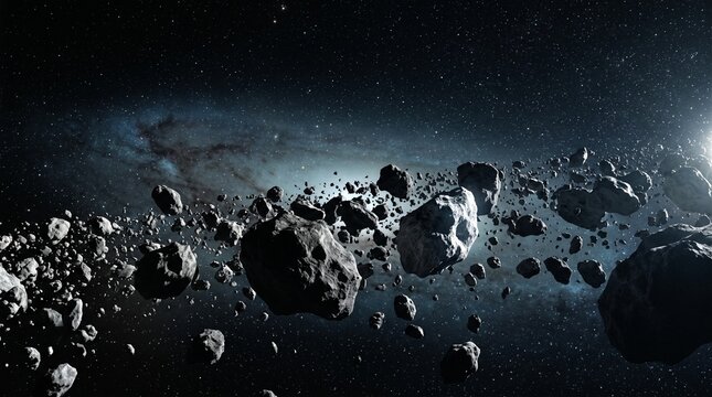 Field of drifting asteroids scattered across a bright galaxy band in deep dark space