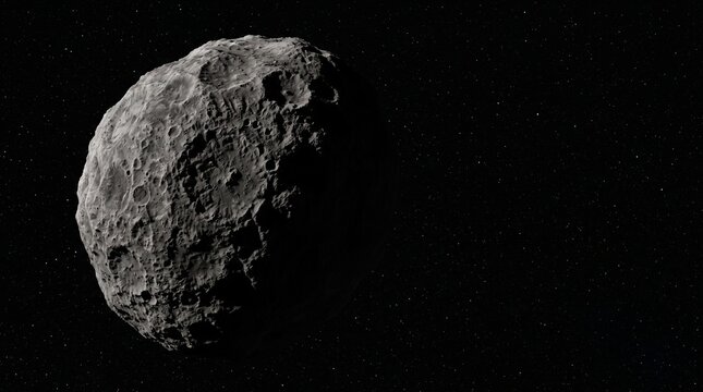 Large grey asteroid covered in craters drifting alone through dark deep space
