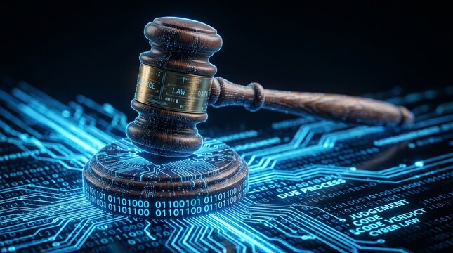 Digital law judge gavel on glowing circuit board, cyber crime and internet regulation concept, wooden gavel on blue binary data background