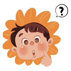 Confused Cute Child with Sunflower Hair Cartoon Illustration Isolated 