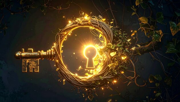 Magical glowing golden key intertwined with vines and glowing light particles in an enchanted forest