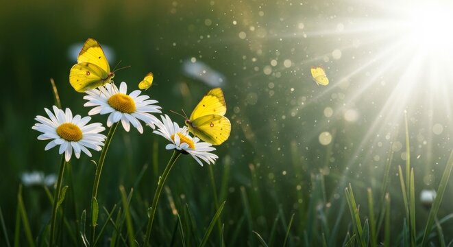 A close up low angle perspective of a summer meadow capturing oxeye daisies and yellow butterflies with shimmering dust motes in a shallow depth of field