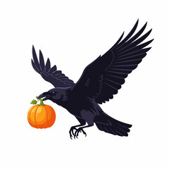 Fototapeta premium Raven Carrying Pumpkin for Halloween