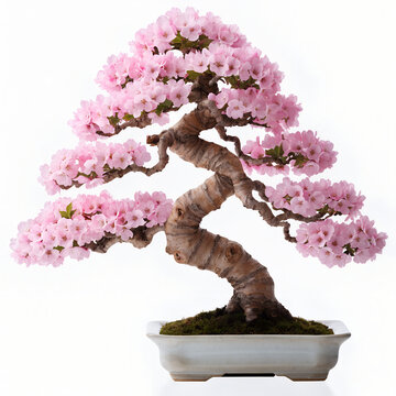 Japanese bonsai cherry blossom tree with pink flowers in a ceramic pot, japanese