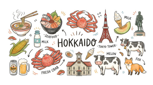 Hokkaido food and culture illustrated vector icons set