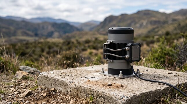 Grey seismic sensor bolted to a concrete pad on a hillside with green mountains behind it