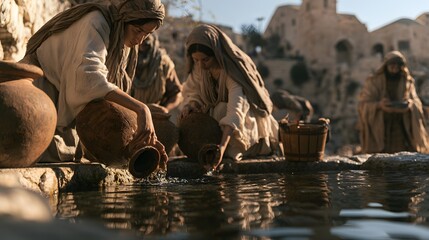 Fototapeta premium Women filling clay jars with water at an ancient stone well