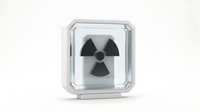 3D nuclear hazard symbol inside transparent protective box frame on white background wall for industrial safety awareness