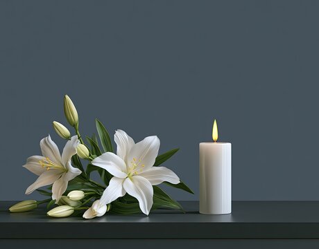 White lilies and lit candle on a dark surface, symbolizing remembrance