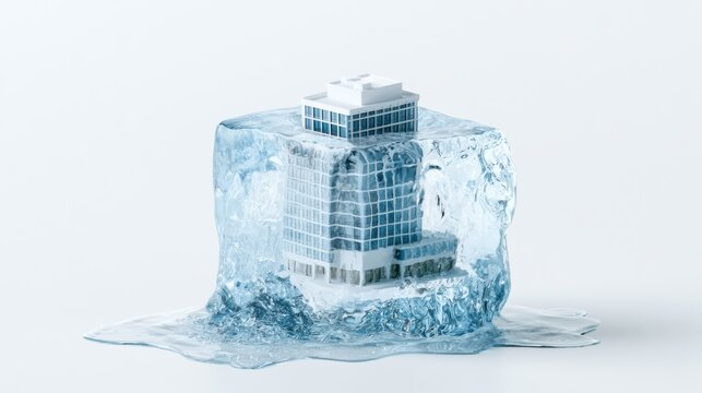 A miniature office building encased in a melting ice cube, representing a frozen business or delayed project