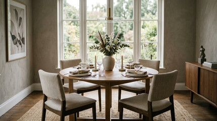 Fototapeta premium Elegant Dining Table Set for Four with Floral Centerpiece and Natural Light