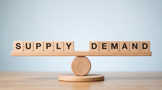 Supply and demand wooden blocks on seesaw, economic balance concept on blue background, market equilibrium business metaphor