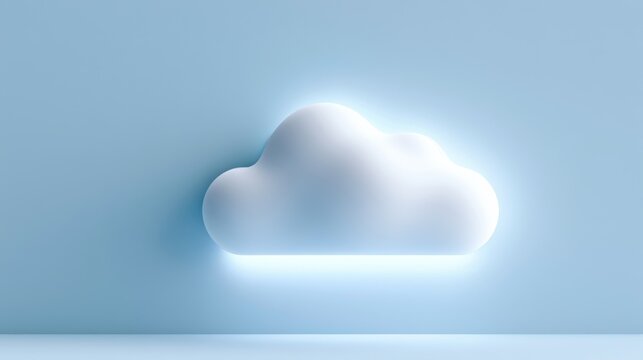A luminous cloud symbol glowing with soft blue light against a pastel blue backdrop, symbolizing digital information storage and the concept of cloud computing
