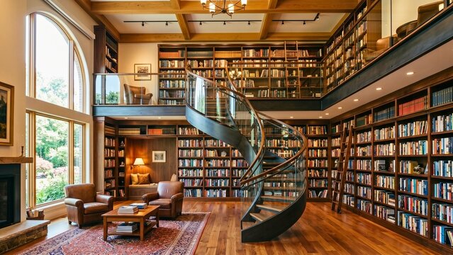 Grand Residential Library Interior with Massive Bookcases and Cozy Reading Nook abstract background with flowing shapes and lines