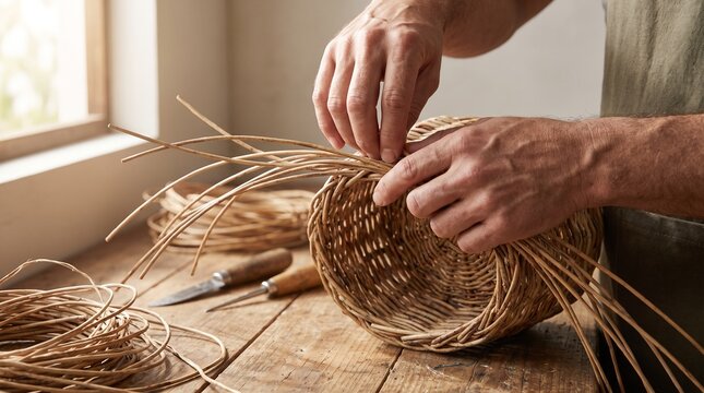 Close-up of hands carefully weaving natural rattan strips into a handmade basket on a rustic wooden table in a bright craft workspace.