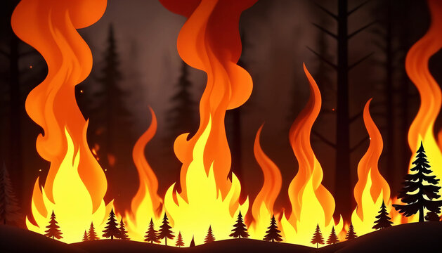 Stylized wildfire wall with black pine silhouettes