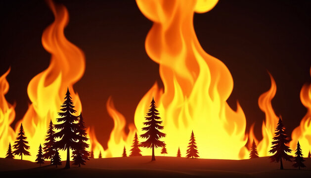 Panoramic forest fire behind rows of pine trees