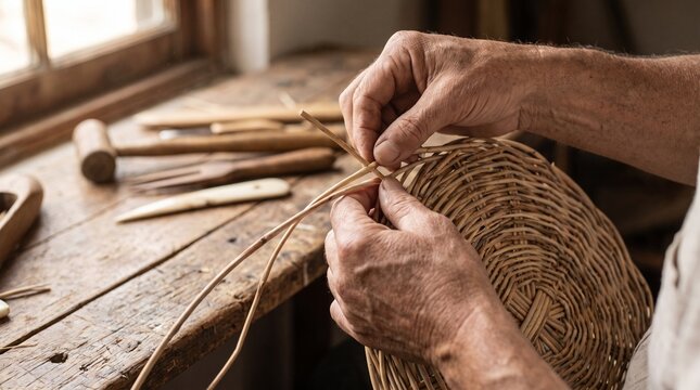 Detailed view of artisan hands weaving thin natural rattan strips into a textured basket using traditional handcraft techniques.