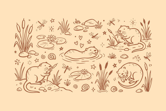 Cute beaver animal pattern with marsh plants and river elements in brown line art style Vector, illustration