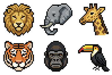 Naklejka premium Retro pixel art illustration set featuring wild animal head icons including lion elephant giraffe tiger gorilla and toucan