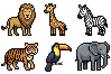 Naklejka premium Collection of pixel art safari animals including lion giraffe zebra tiger toucan and elephant
