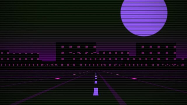 Retro synthwave city street animation with purple moon and scanlines