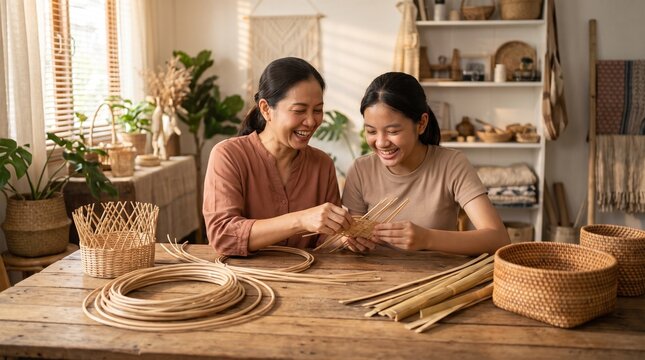 Two women working together on woven baskets and natural fiber crafts in a cozy home workspace filled with handmade materials.