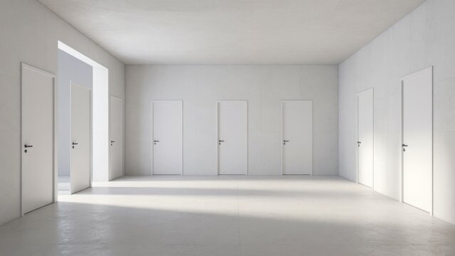 Minimalist Interior with Multiple Doors in Bright, Empty Space