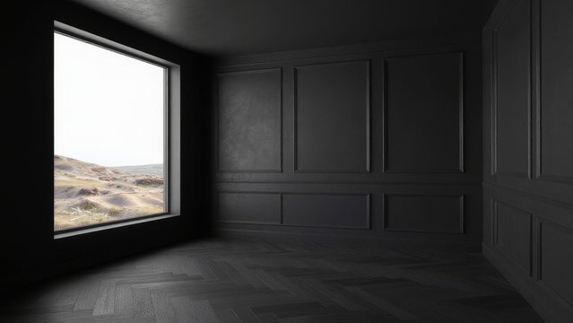 Modern Minimalist Room with Window Overlooking a Serene Landscape