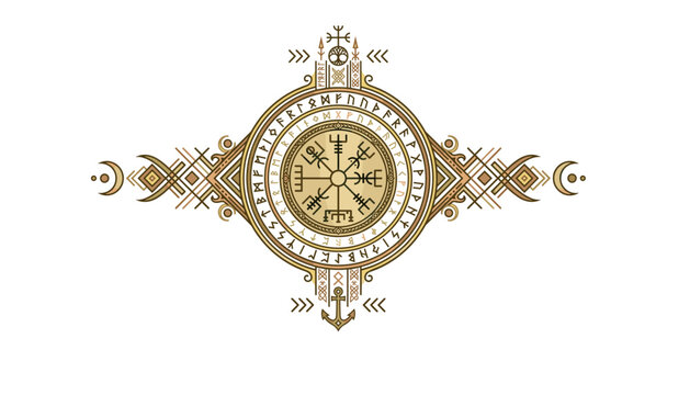  Norse vegvisir compass vector emblem with elder futhark runic circle sacred geometry patterns and tribal moon symbols