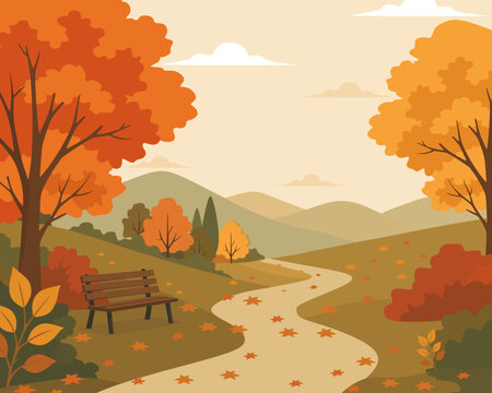 Peaceful Autumn Landscape with Park Bench and Scenic Walking Path
