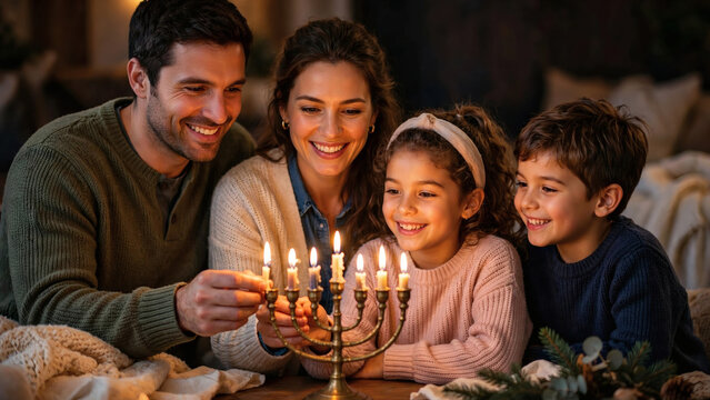 Family lighting menorah candles at home