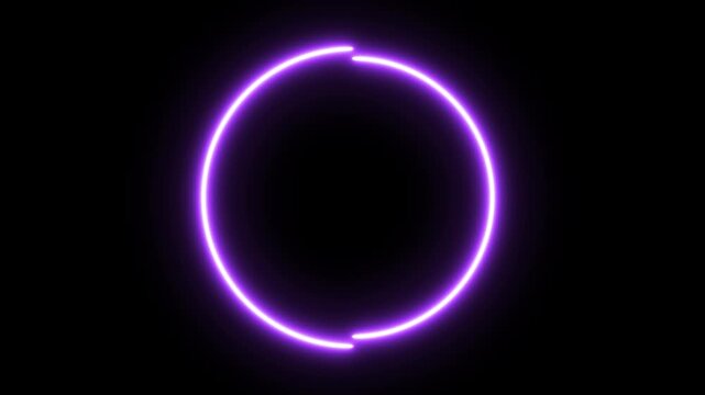 Glowing purple neon circle with a gap on a black background ring violet