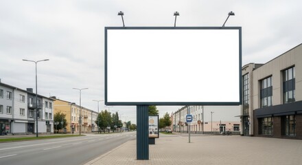 Fototapeta premium Empty billboard on quiet urban street with buildings.