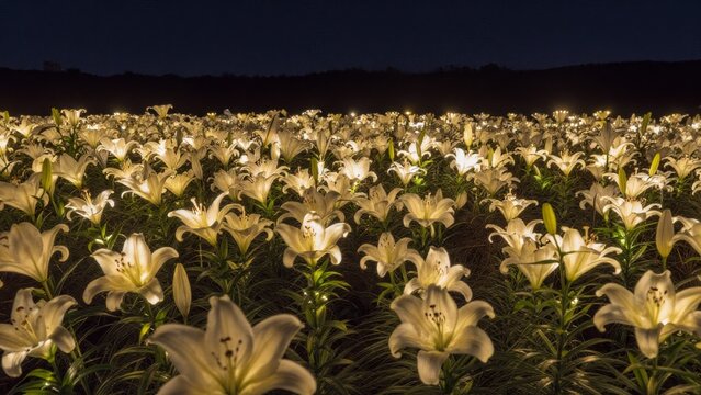 Illuminated Lilies in a Nighttime Floral Landscape Display