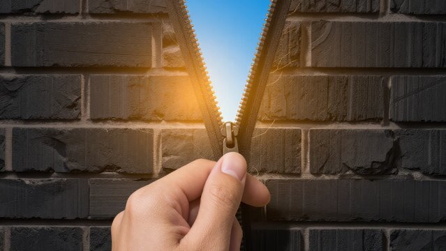 Hand Opening Zipper on Wall Revealing Blue Sky and Light
