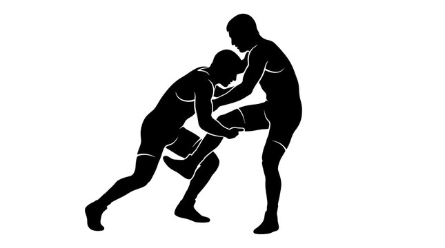 A black silhouette illustration of two wrestlers competing in a match showing a takedown move isolated on a plain white background design