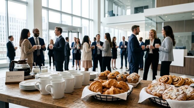 Close-up of coffee and pastries on a catering table at a business conference.